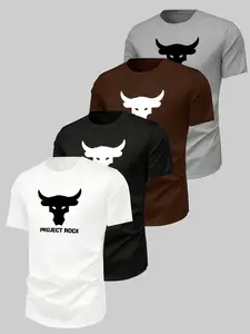Project Rock Bull Logo Print T-Shirt, Soft Casual Top, Gym Training Sports Short Sleeve, Streetwear Trend for Fitness Lovers