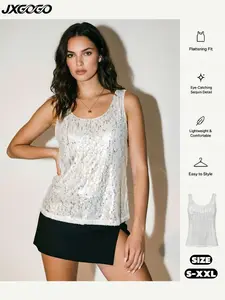 Women's Summer Casual Sleeveless Vest, Fashion Sequin Round Neck Top, Versatile Basic Style, Easy to Pair, Suitable for Any Occasion