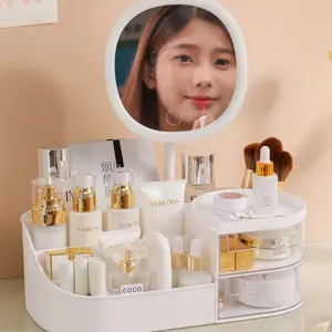 Makeup Storage Box with Mirror, Desktop Dressing Table, Touch Light, Cosmetics & Jewelry Organizer, Elegant Design, Perfect Gift
