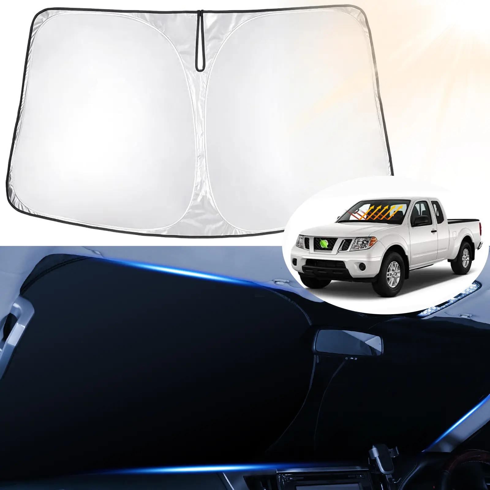 Canvcle Custom Fit Windshield Sun Shade for 2006-2021 Nissan Frontier, Portable Car Sunshade, UV Protective Sunshade, Windscreen Shade Cover, Foldable Visor Protector, 99% UV-Blocking Front Window, 240T Reflective Fabric Car Cooler, Sunshade Fabric Front
