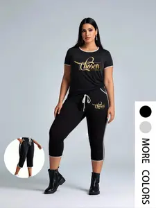 【Plus Size】 Solid Curved Hem Tee & Skinny Capri Pants Two-Piece Set, Casual Round Neck Short Sleeve T-Shirt & Trousers for Daily Wear, Women's Two-Piece Outfits for Summer, Clothes