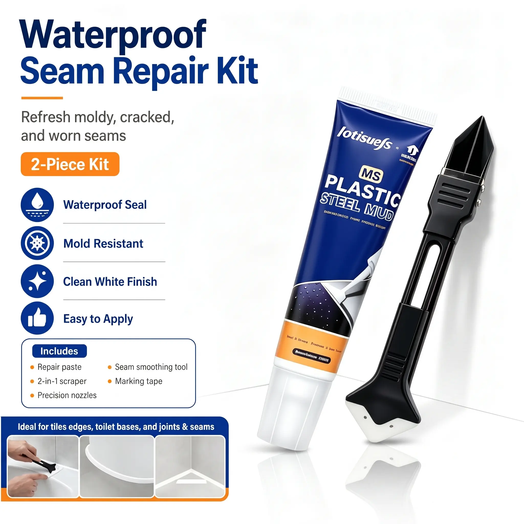 Home Improvement 2-Piece Tile Gap Filler Repair Set - White Adhesive Waterproof Liquid Caulk Paste, 2-in-1 Smoothing Scraper, Mold-Resistant Leak Repair Flooring Sealant, Easy DIY Apply, Clean Durable Finish, Indoor Concrete Crack Filler Flooring Use