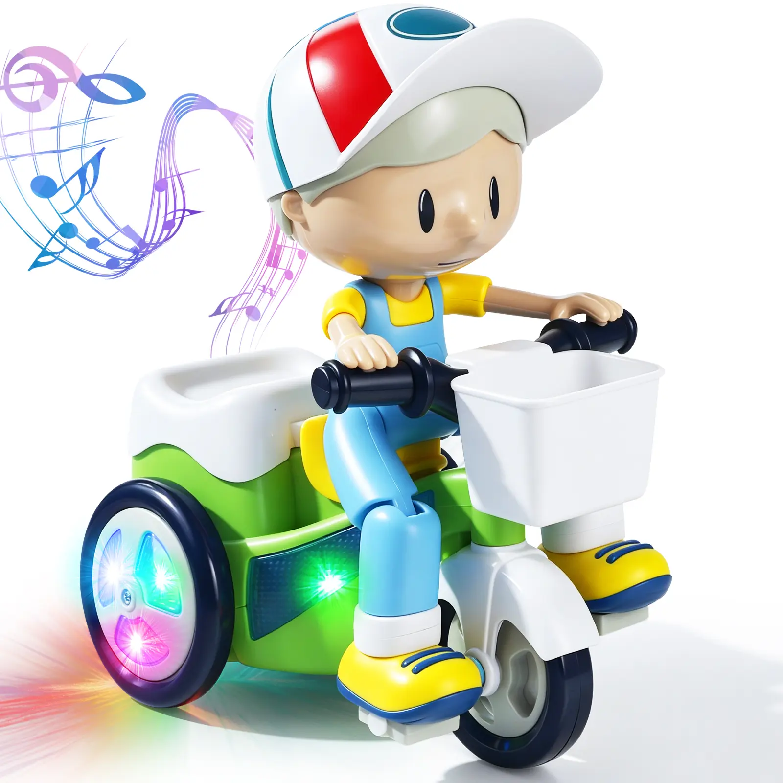 Musical Tricycle Toy for Toddlers, Light Up Moving Bike Toy with Music, Colorful Wheels, Basket & Automatic Walking Action, Interactive Baby Toy Gift for Boys Girls