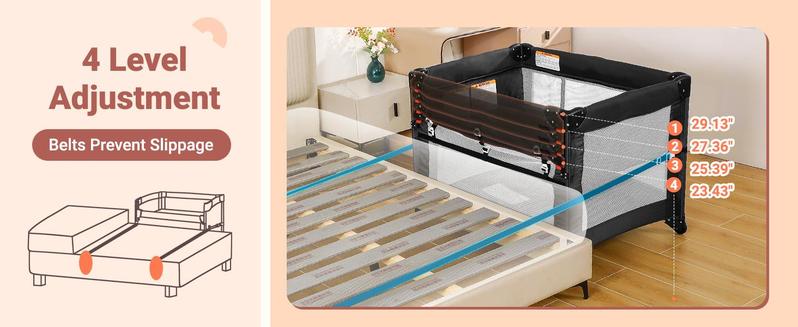 Dripex Baby Bassinet Bedside Sleeper, Adjustable Height, Includes Mattress Sheet, Portable Playpen Travel Bed with Storage Foldable Crib for Newborns Infants Folding Cot