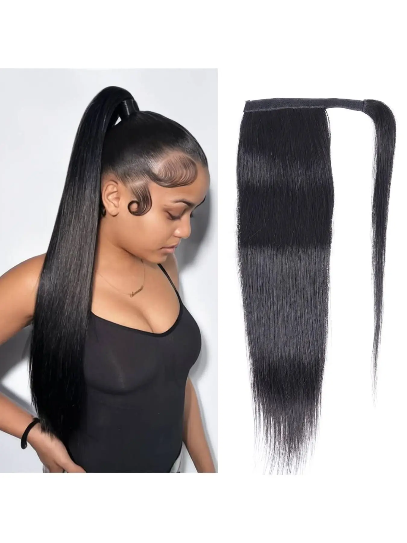 Straight Ponytail Extension Human Hair Wrap Around Magic Paste Ponytail Clip In Real Brazilian Virgin Human Hair pieces For Women Natural Color