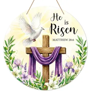 He is Risen Door Sign - 11.5" Christian Cross Sign Easter Wreath Front Door Decoration - Religious Easter Decorations for Home, Wall, Porach, Indoor Outdoor Farmhouse Party Spring