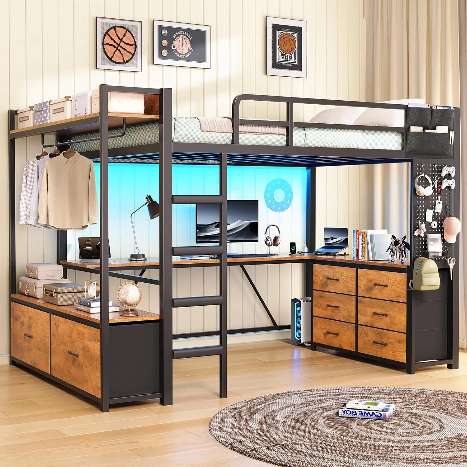 Sikaic Twin Loft Bed with L-Shaped Desk & 8 Storage Drawers, Metal Teens Twin Loft Bed with Led Lights, Charging Station, Hall Tree, Safety Guard & Ladder, No Box Spring Needed Christmas Gifts [SohoChic]