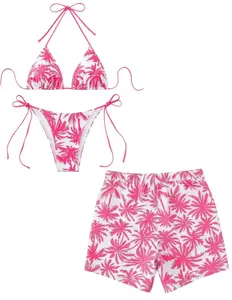 Pink Tropical Palm Couple Swimwear – Women’s Triangle Bikini & Men’s Beach Shorts, Matching His & Hers Summer Beach Vacation Swimsuits