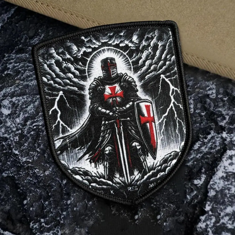 Templar Knight Soldier Printed Patch Design Red Cross Crusader Badge Hook Loop Lightning Storm Backpack Gear
