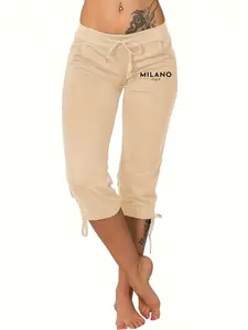 5791-M52 Women's Fashion Casual Seven-Quarter Pants, Mid-Waist Adjustable Drawstring Waistband, Pockets Design, Plain Pattern, Fitted Style