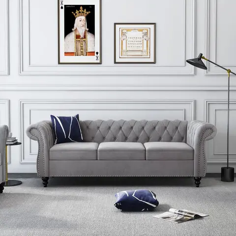 Giratree Velvet Traditional 3-Piece Deep Seating Chesterfield Sofa Set - Rolled Arms, Studded Trim, Sturdy Frame, Soft Cushions, Assembly Required - Indoor Living Room Decor Furniture for Couples