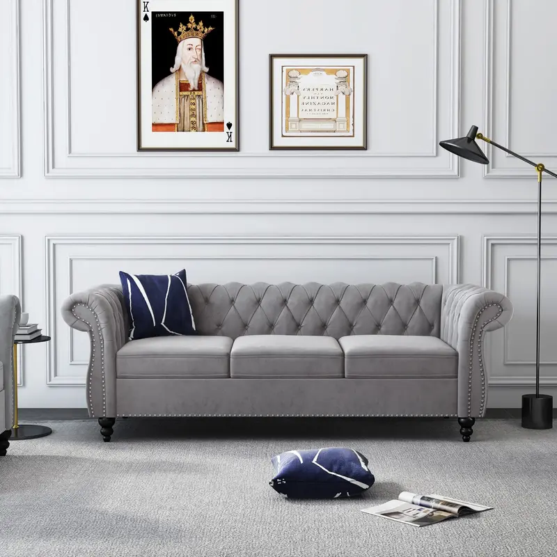Giratree Velvet Traditional 3-Piece Deep Seating Chesterfield Sofa Set - Rolled Arms, Studded Trim, Sturdy Frame, Soft Cushions, Assembly Required - Indoor Living Room Decor Furniture for Couples