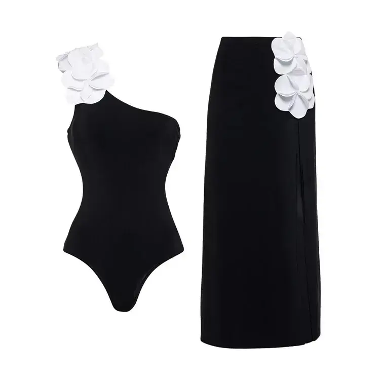 Women's 3D Flower Bandeau One-Piece Swimsuit & Skirt Set - Black & White Two Piece Bathing Suit for Stylish Beach & Vacation Women's 3D Flower Bandeau One-Piece Swimsuit & Skirt Set - Black & White Two Piece Bathing Suit for Stylish Beach & Vacation