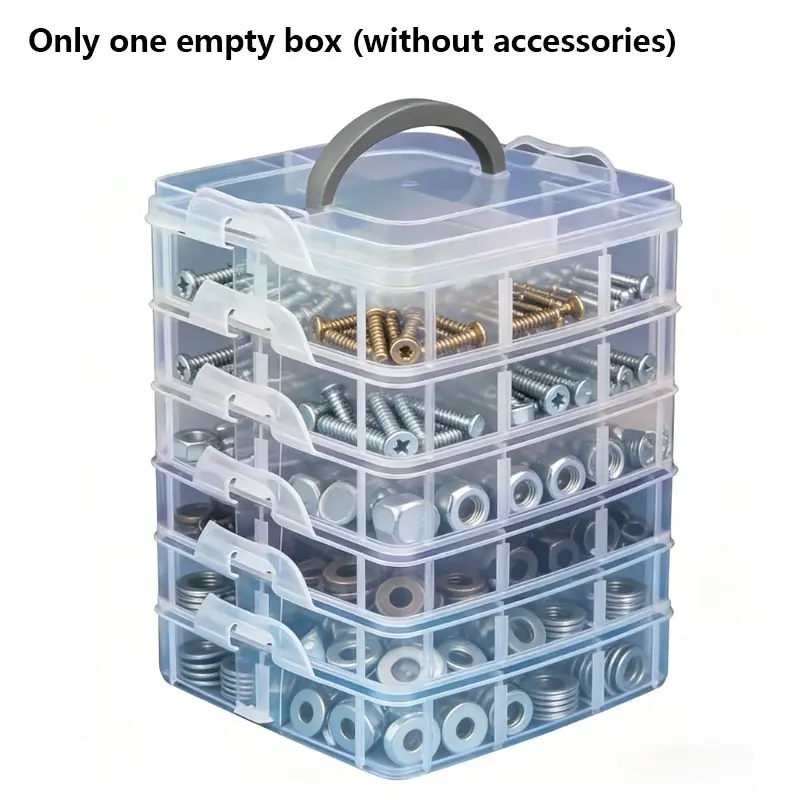 A 6-layer, 36-compartment transparent storage box with a lid and handle, featuring a snap closure. Suitable for organizing screws, nuts, and bolts. Only one empty box (without accessories) Toolbox Storage Box Tool Storage Container