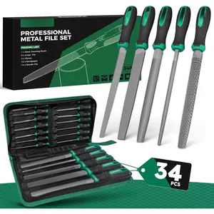 Professional Metal File Set 34 count Industrial Grade High Carbon Steel,5 Shapes (Flat/Half Round/Round/Triangle/Square) for Hardened Steel, Metalworking Tools with Storage Case,14  Files