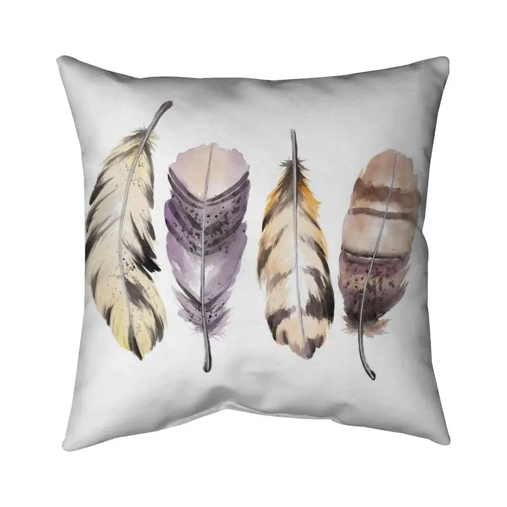 360 stand 16x16 in. Plush Purple Feather Print Bird Motif Pillow - Bohemian Home Decor with Polyester Fill, for Bedroom Use, Bohemian Look, Plush Texture