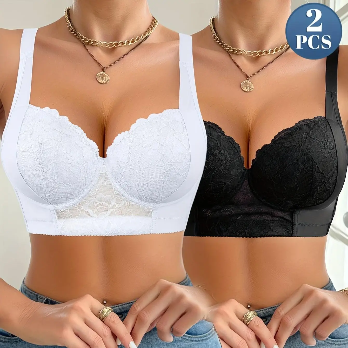 Ecomilky Lady's Basic Underwire Push-Up Lace Bra, 2-Pack Anti-Sagging Comfortable Lingerie for Bridal Wear, Do Not Dry Clean, Comfy Bras, Everyday Essential Bra