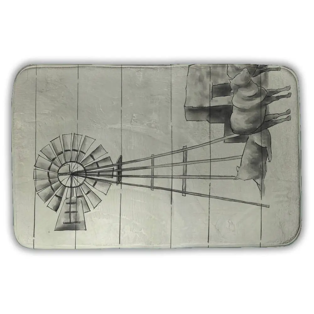 Non-Slip Microfiber Foam Bath Mat, 21x34 in Rectangle with Anti-Slip Border, Durable Absorbent Cozy Farmhouse Decor, Traditional Country Themed with Rustic Vintage Texas Windmill & Animal Print, Indoor Bathroom Accessory, Decorative Country Bath Mats