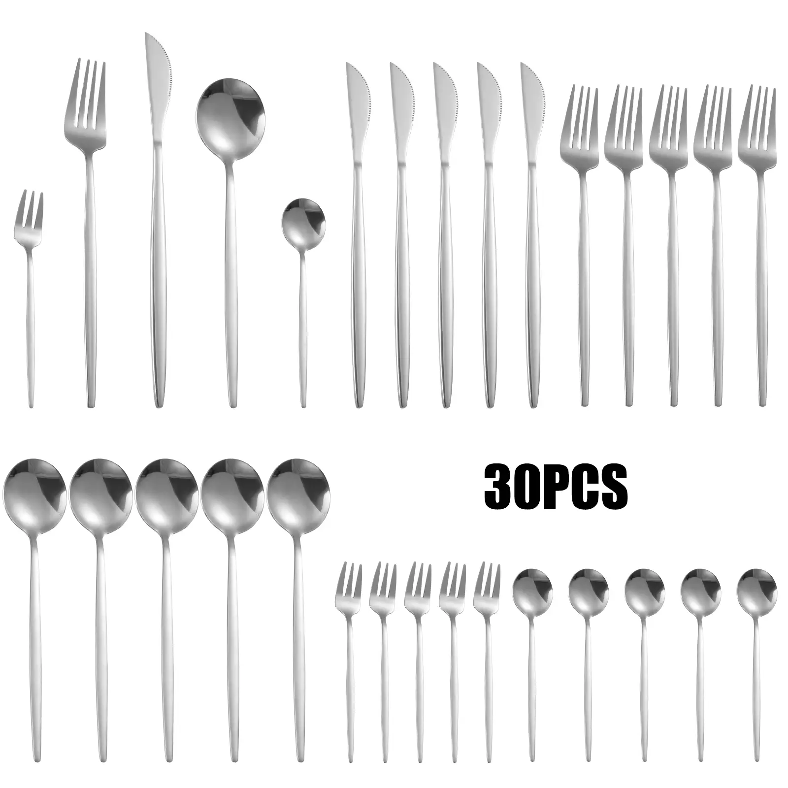 30-piece set of stainless steel tableware without gift box. Extremely simple and flat design, suitable for daily use and parties.