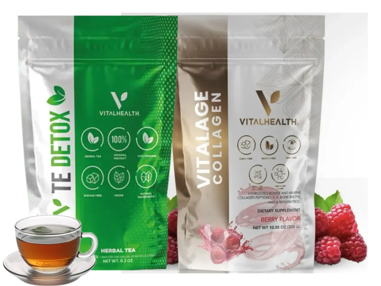 Vital Health VITALAGE colágeno frambuesa 10.58 OZ RASPBERRY y té Vté DETOX 0.2 OZ