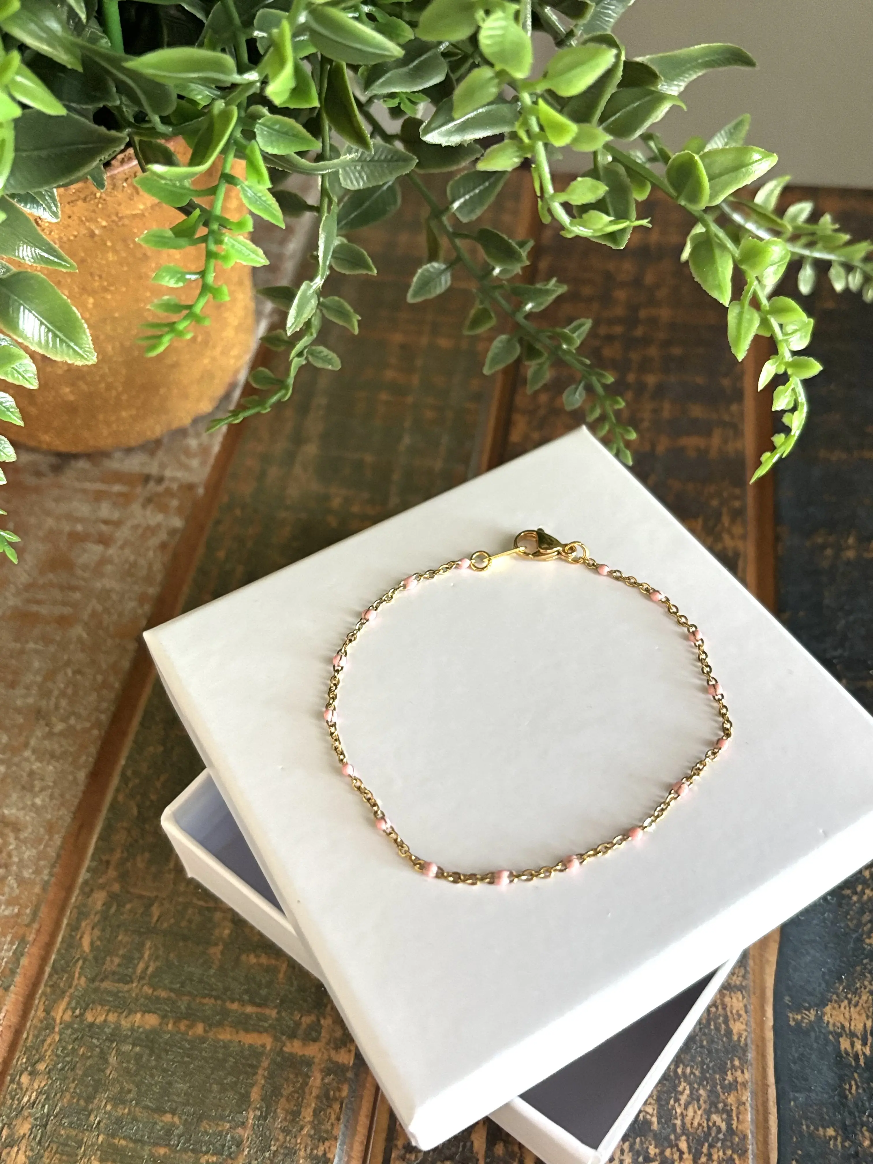 Light Pink Stainless Steel Dainty Chain Bracelet with Lobster Clasp