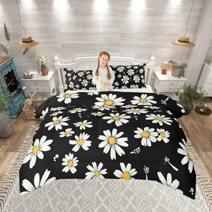 Girls Daisy Comforter Set,Kids Black White Yellow Decor All Season Bedding Set,Teens Daisy Flowers Comforter,Children Watercolor Decor Quilt Set