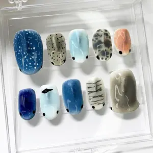 Chic Nail Studio Luxury Shark Nails Press-On Nails, Ocean Whale Pattern, Blue Grey Custom Press-On Nail, Summer Vacation Gift