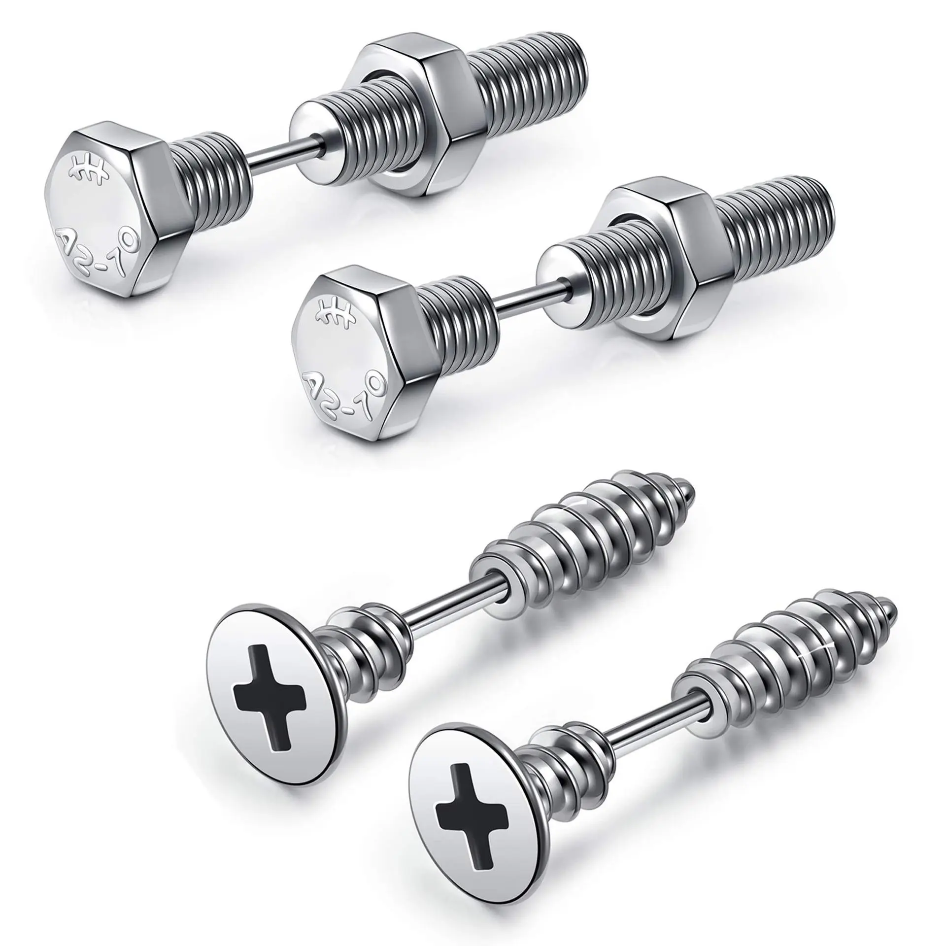 [Punk Earrings Set] 4Pcs/Set Stainless Steel Punk Earrings with Screw-On Backs, Suitable for Both Men And Women