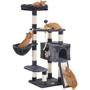 Heybly Cat Tree, Cat Tower for Indoor Cats with Scratching Board, Multi-Level Cat Furniture Condo with Feeding Bowl Smoky Gray HCT010G Heybly