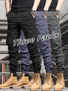 Men's Outdoor Work Pants Multi-Pack, Anti-Tear Fabric, Plain Color, Multiple Pockets, Casual Fitted Style, All Seasons