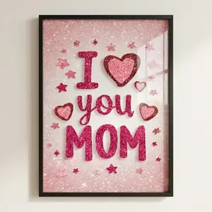 Large "I Love You Mom" Framed Canvas Wall Art Decor, Pink Glitter Posters and Prints, Modern Typography Canvas Artwork, Heartfelt Family Aesthetic Painting for Bedroom Living Room Home Decor, Mother’s Day Birthday Gift verse