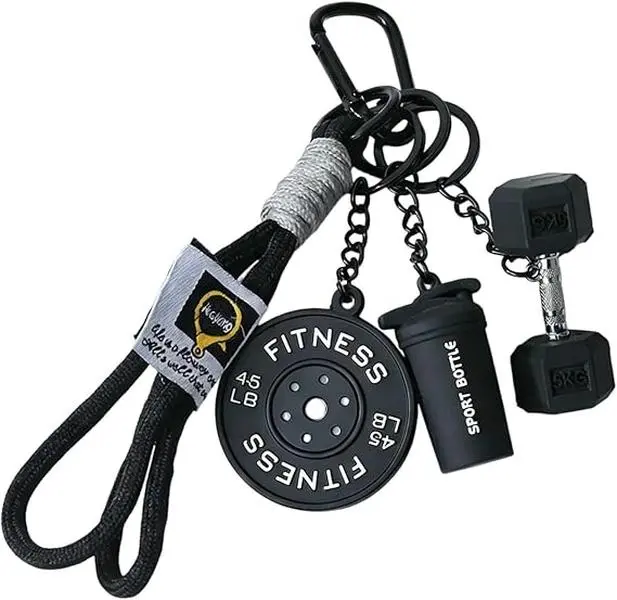 Mini Dumbbell & Shaker Bottle Keychain – Fitness Weight Plate Keyring Charm for Keys, Bags & Backpacks