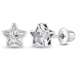 CZ Birthstone Stars Kids / Children's / Girls Earrings Screw Back - Sterling Silver