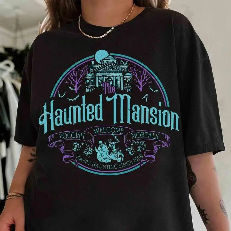 Women's Printed Round Neck Graphic Tee - Vintage Hitchhiking Ghosts Haunted Mansion Print, Flat Fabric, Simple Casual Streetwear, Soft Cotton, Breathable, Relaxed Fit, Short Sleeve, Halloween Daily Wear Top
