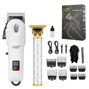 LQT White Vintage Beard Logo 2-in-1 Men's Grooming Kit, Cordless Hair Clipper with LCD Display, Gold T-Blade Trimmer, Complete Rechargeable Barber Set with Guide Combs & Cape for Salon & Home DIY Haircuts, Fades, Edges & Beard Shaping