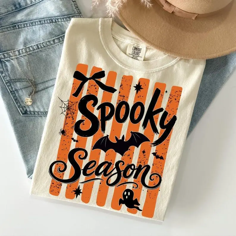Comfort Colors Striped Spooky Season Bat Ghost Shirt, Ghost Shirt, Funny Halloween Shirt, Bat T-shirt, Trendy Spooky Vibes, Horror T-shirt