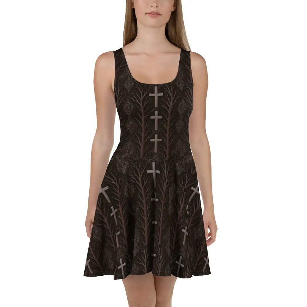 Gothic Cross Dead Trees Skater Dress for Women – Dark Alt Fashion Outfit & Unique Gift for Goth Style Lovers