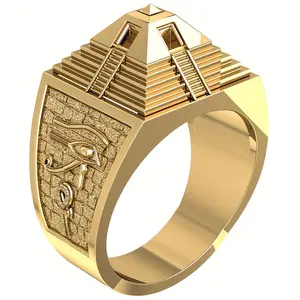 1pc Egyptian Pyramid Eye Men'S Ring - Vintage Tribal Style Luxury Golden Copper Jewelry, Handcrafted with Gothic Dark Aesthetic & Courtly Power, Exquisite Embossed Design, Golden Shine Sparkle,  Perfect for Daily We dangle  earrings