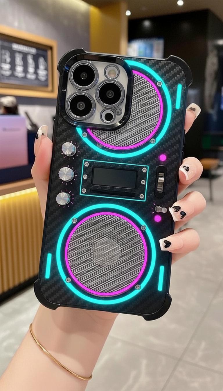 Silver gray trendy phone | Used mechanical style radio phone case suitable for iPhone 17/16/15/14/13/12/11 ProMax transparent airbag anti drop retro sound design protective case with high aesthetic value