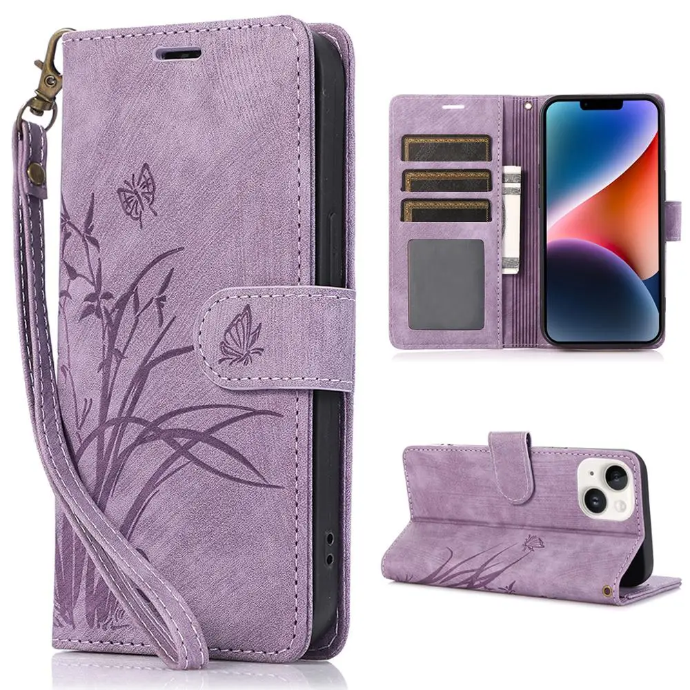 PU Leather Floral Pattern Phone Case with Card Holder & Lanyard, Wallet Design Flip Phone Case, Shockproof Phone Protector for iPhone X 11 12 13 14 Pr