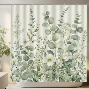 Botanical Eucalyptus Print Shower Curtain with 12 Hooks, Waterproof Polyester Decorative Farmhouse Minimalist Cream Green Leaf Curtain, Machine Washable for Home Bathrooms