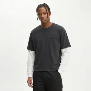 Double Layer Cropped Boxy T-shirt by High Level HL | Black | Stonewashed Contrast Sleeves Pocket Heavyweight Drop Shoulder