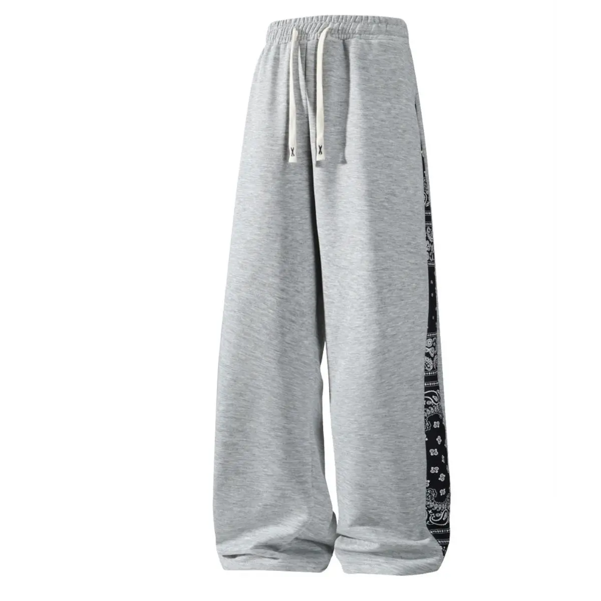 Men's Baggy Patchwork Sweatpants, Wide-Leg Polyester Streetwear Joggers with Elastic Waist, Full Length for All-Season Casual Wear, All Seasons, Baggy Straight-Leg Men's Pants, Classic, Cold Wash