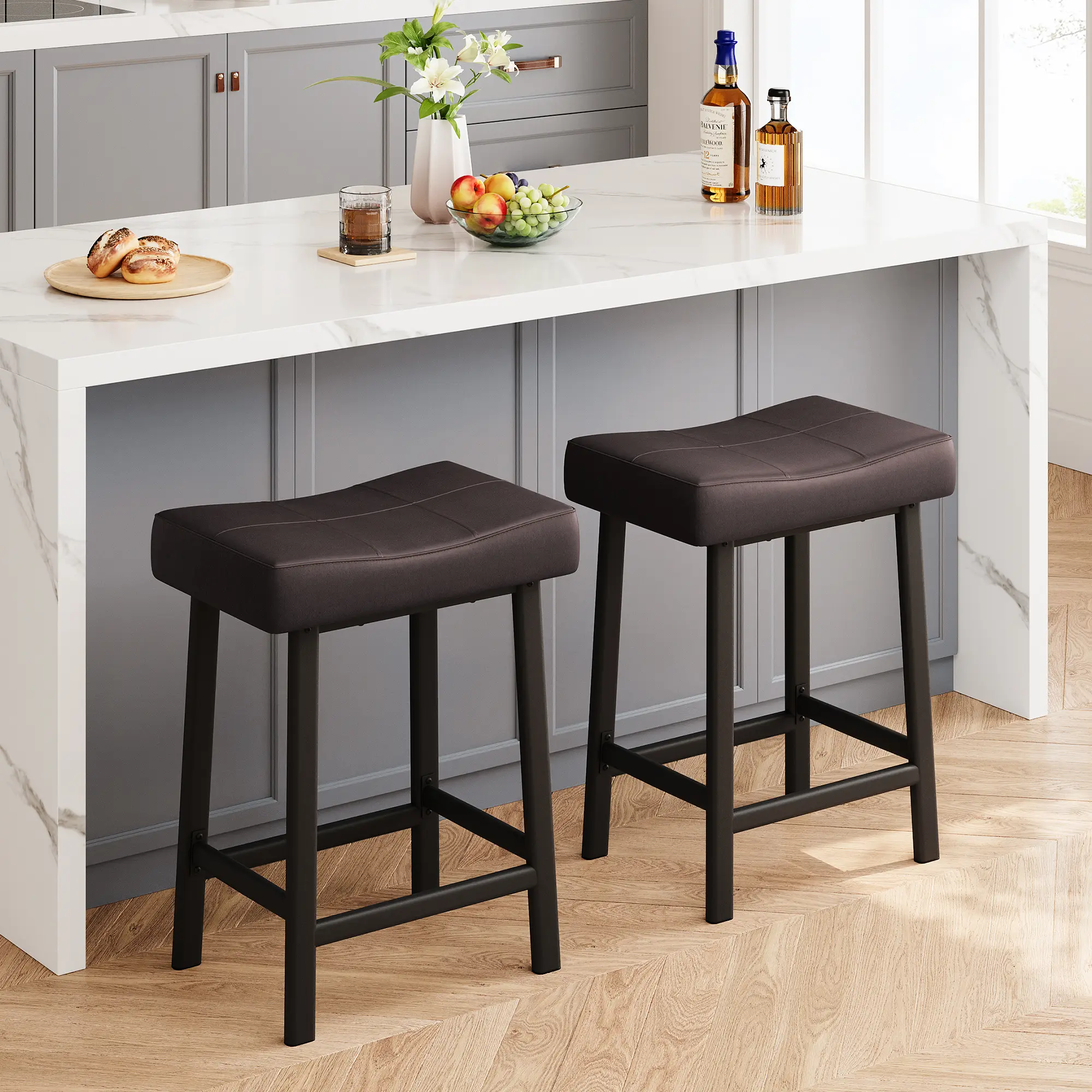 Modern Upholstered Backless Saddle Bar Stools Set of 2 or 4 – 24 Inch Counter Height, Padded Curved Seat, Metal Legs, Footrest, Easy Assembly for Kitchen Island, Counter, Home Bar – White/Gray
