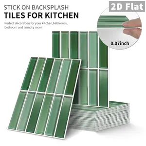 10 PCS/Box GST PE Crystal Foam Tile Stickers Dark Green Long Mosaic Waterproof Oil-Proof Anti-Collision Home Decor Wall Stickers for Kitchen Bathroom Backsplash Ceiling Tiles Old Wooden Boards