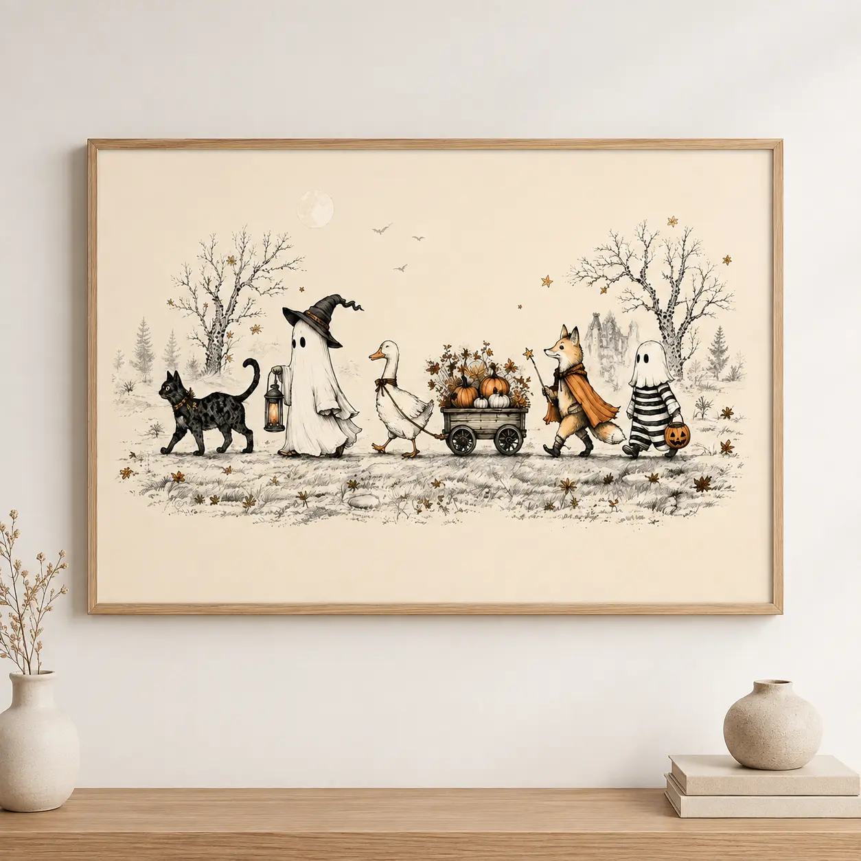 Whimsical Halloween Harvest Parade Poster, Vintage Storybook Ghost Black Cat Fox and Pumpkin Wagon Print, Cozy Autumn Wall Decor for Nursery Living Room
