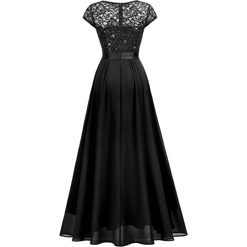 Women's Elegant V-Neck Cap Sleeve Sequined Floral Lace Formal Party Maxi Dress (X-Large, Black)AEleqanza22