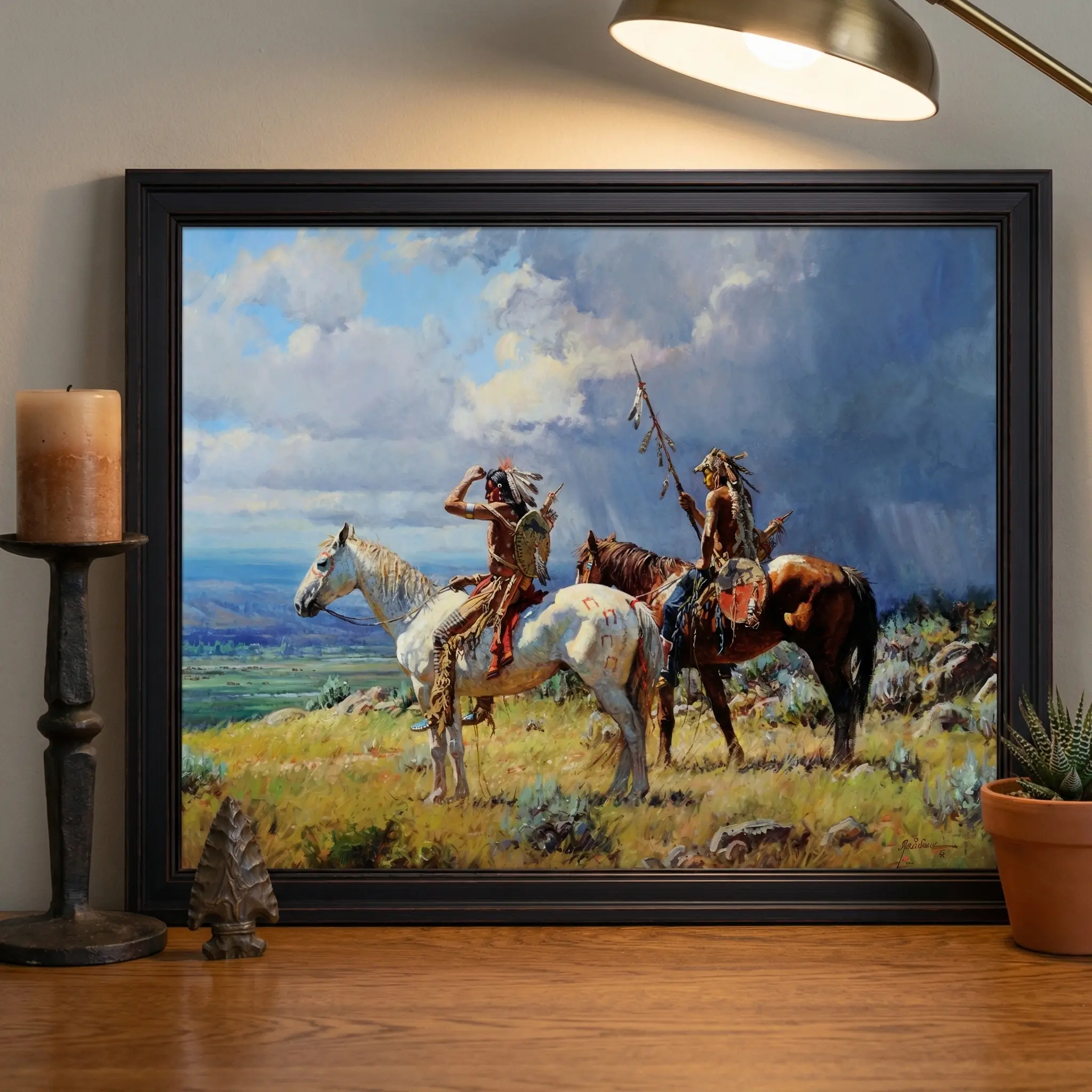 Framed Canvas Wall Art Print - Native American Riders, Plains Landscape, Tribal Horseback Scene, Western Heritage Artwork, Rustic Home Decor for Living Rooms, Cabins
