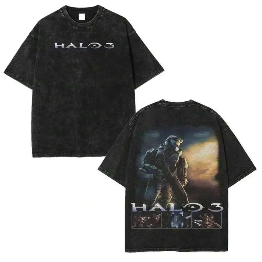 Halo 3 Master Chief T-Shirt, Unisex Oversized Vintage Washed Heavy Cotton Casual Streetwear, Short Sleeve with Double-Sided Graphic Print, Shortsleeve, Round Neck, Daily Wear, Double Sides, Tshirt, Top, Menswear, All Over Print, Tops, Shortsleeve Tee, 3Xl