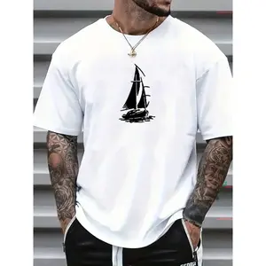 Men’s Minimalist Sailboat Graphic T-Shirt, Casual Short Sleeve Crew Neck Tee, Simple Ocean Boat Print Design, Lightweight Breathable Fabric, Everyday Streetwear Top for Spring Summer, Relaxed Unisex Fit